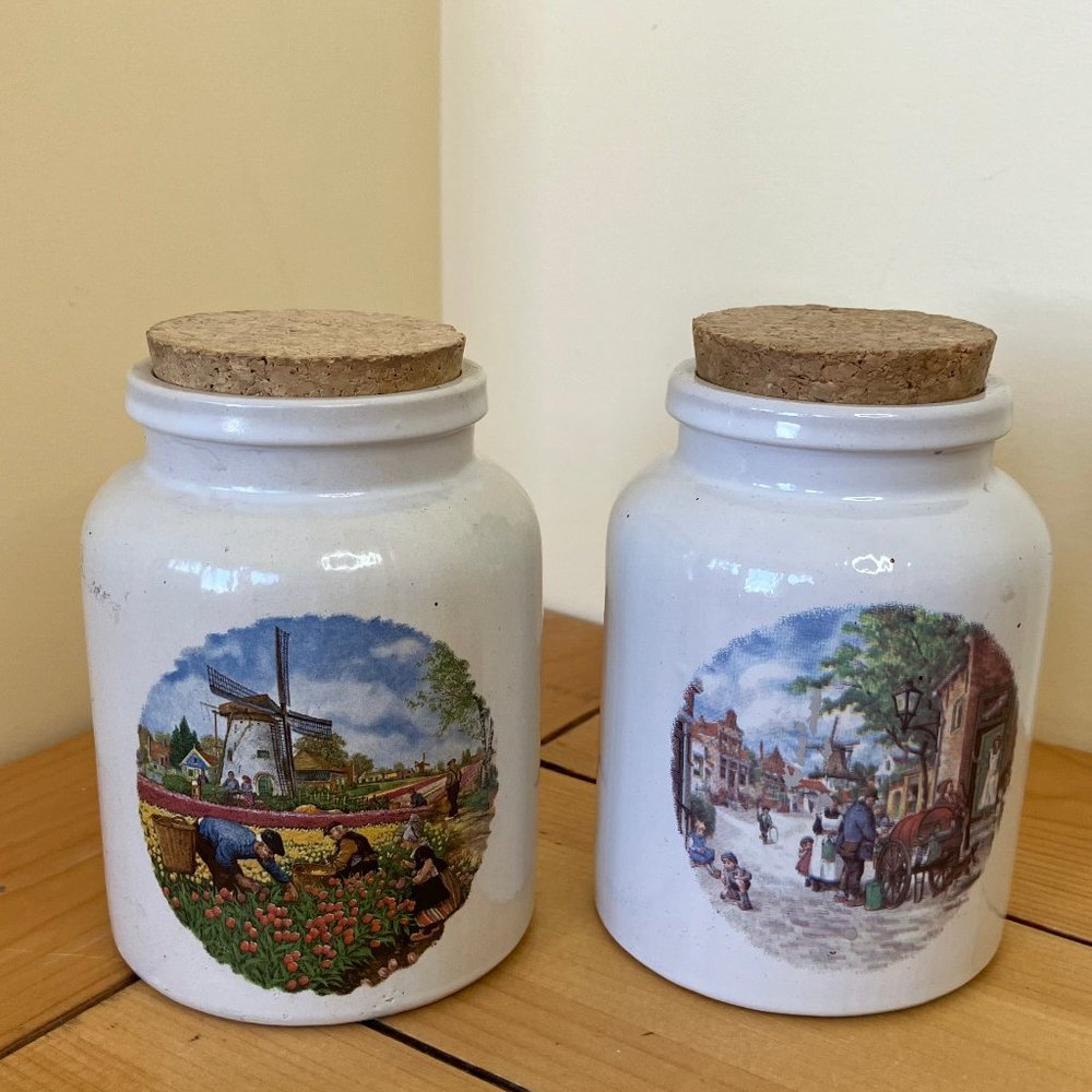 Dutch Ceramic Small Canister Crocks with Cork Lids Holland Windmill Town Square
